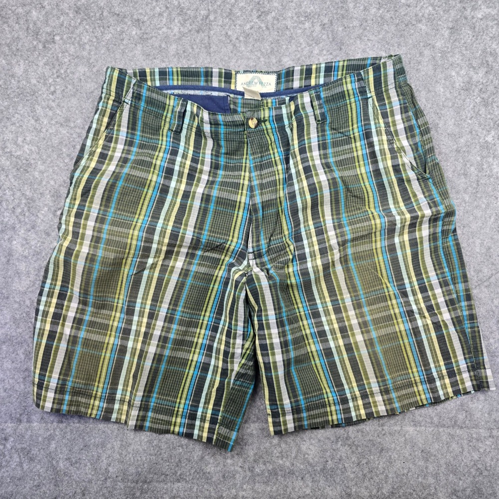 Andrew Fezza Shorts Mens 36 Green Blue Plaid Classic Fit‎ 100% Cotton Flat Front